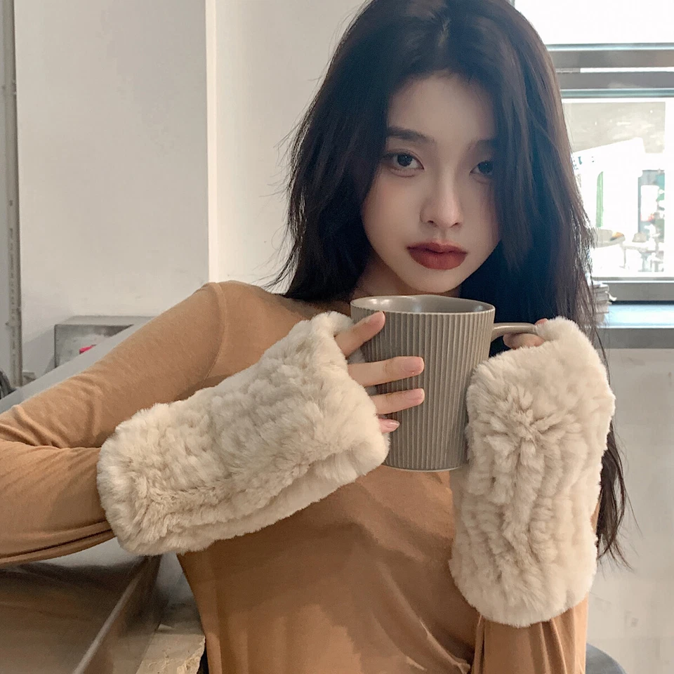 Женские теплые реальный Rex кроличий мех перчатки зимние вязаные запястье варежки Xams подарок - Изображение 2 из 4