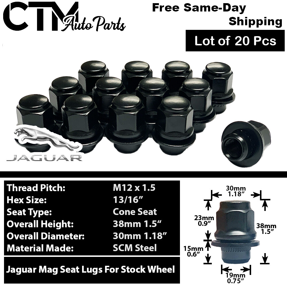 20x Black Jaguar OEM Factory 12x1.5 Lug Nuts Fit F/X/S Type 20x Black Jaguar OEM Factory 12x1.5 Lug Nuts Fit F/X/S Type