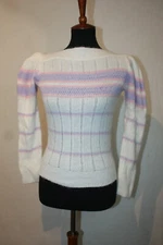 Vtg South Knit White Pastel Stripe Fuzzy Boat Neck Pullover Sweater USA Made XS
