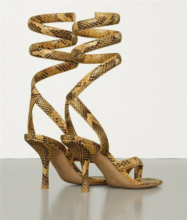 Mujeres Moda Imitación Cuero Piel de Serpiente Tanga Tobillo Envoltura Medio Tacón Sandalia Zapatos Talla Foto 2 de 4