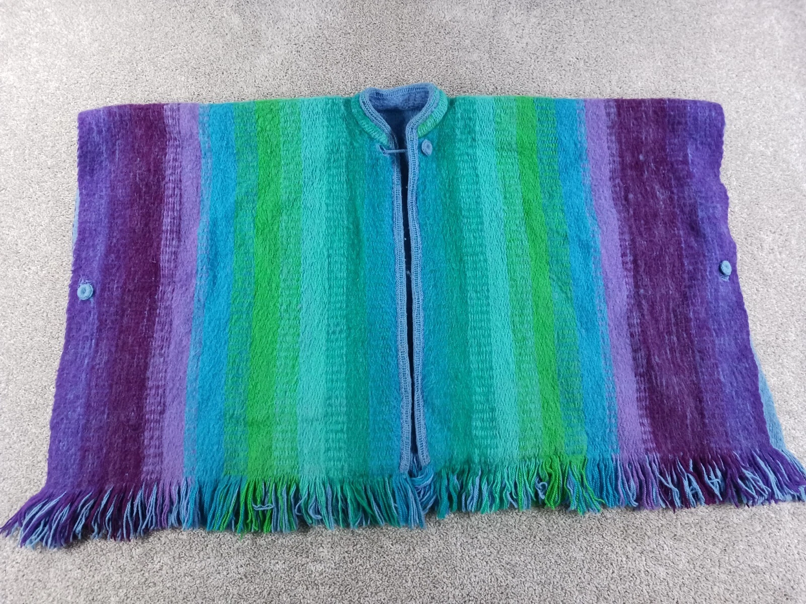 Vintage Handmade Wool Stripe Cape Poncho Sweater Multicolor Fringe 70's?