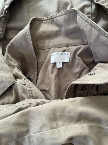 WITCHERY Jacket Coat Womens 6 Khaki Green Full Zip Faux Fur Trim Hood Pocketed - Picture 2 of 10
