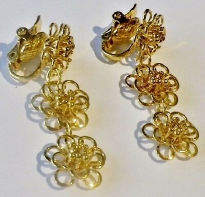 Boucles D'oreilles Clips Vintage Pampille Fleur Couleur Or - Qualité 1878 - Occasion Très Bon état