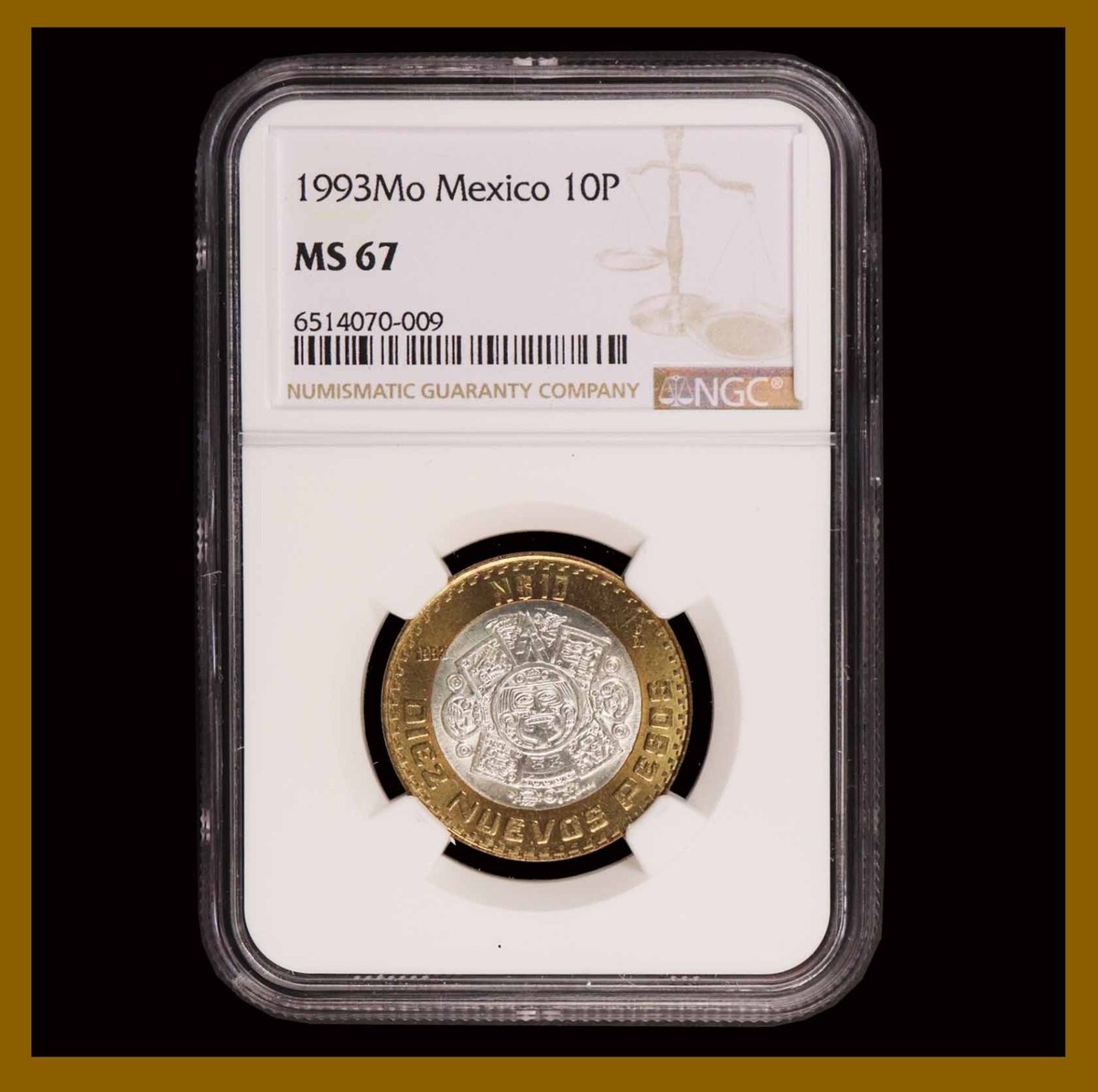 Mexico 10 Pesos Bimetallic Silver Center Coin, 1993 NGC MS 67 Top