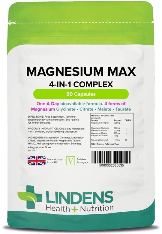 Lindens - Magnesium Max 4-In-1 Complex, 90 Caps - 1 A Day, Uk Made - Muscle Support, Bone Health & Energy Boost - Magnesium Glycinate, Citrate, Malate - Image 2