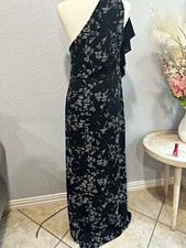 Halston Maxi Dress Black White Abstract One Shoulder Ruffle Side Slit Long 8