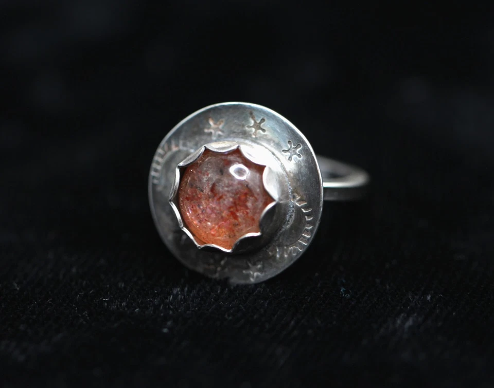 Sunstone Ring Orange Cabochon Natural Gemstone 925 Sterling Silver Size 8 Stars - Image 3 of 4