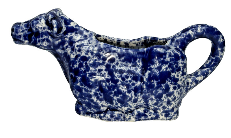 Porcelain Cow Creamer Glazed White With Cobalt Blue Splatter Design Vintage