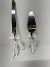 Wedding Traditional Reusable Silver Metal Cake Knife Server Set White Ribbon