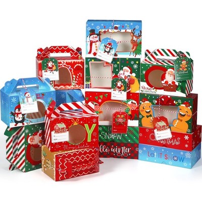 24 PCS Christmas Cookie Boxes Window 2 Styles Bakery Tags Strings Party Treats