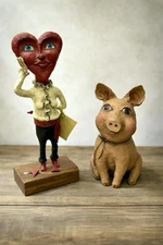 VTG Karen Bousman Folk Art Papier Mache Sculpture Lot Heart Figure Pig