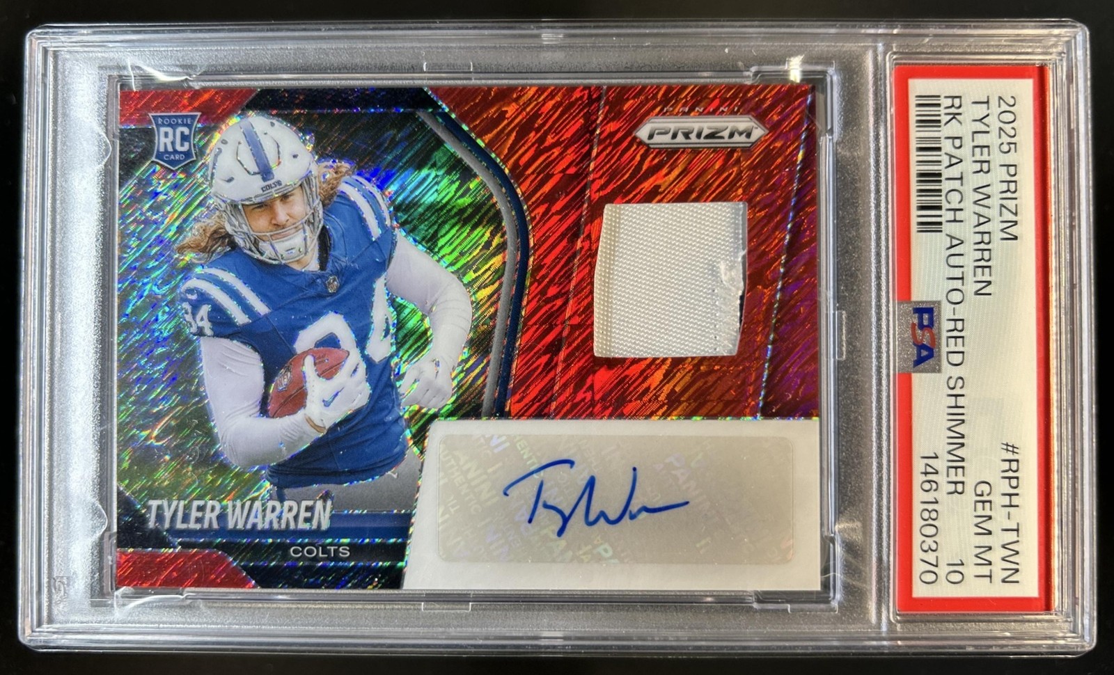 Tyler Warren Panini Prizm Rookie Patch Autographs #RPHTWN Red Shimmer
