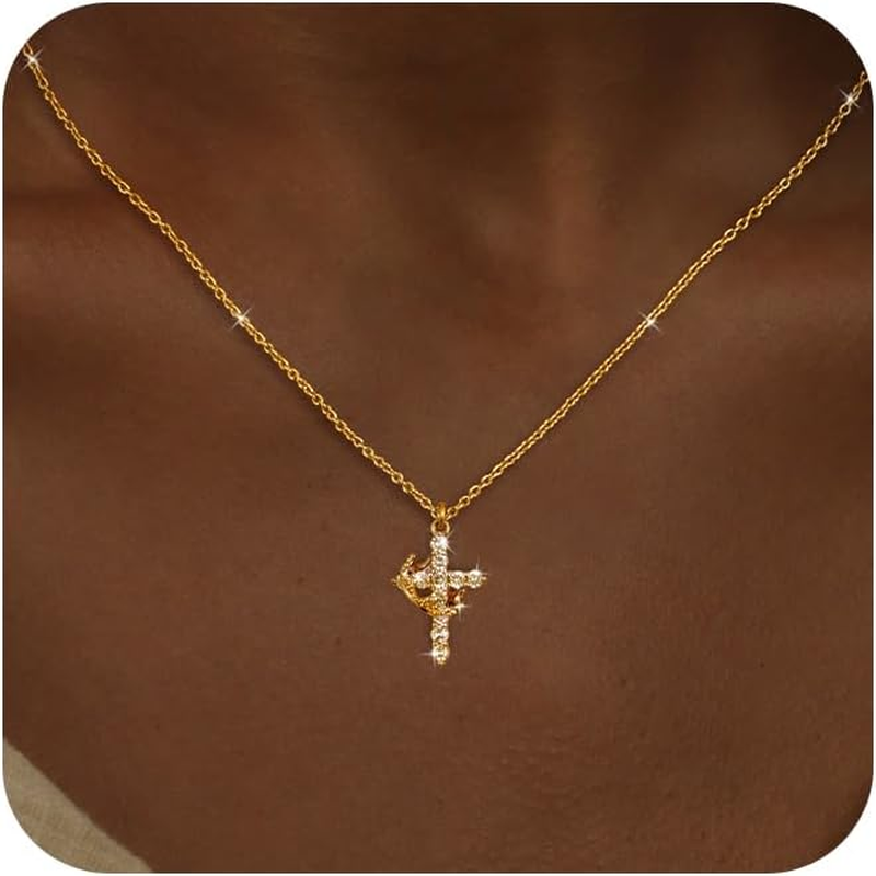 Valentine'S Day Gift Crown Cross Necklaces for Women Non Tarnish Dainty 14K Gold
