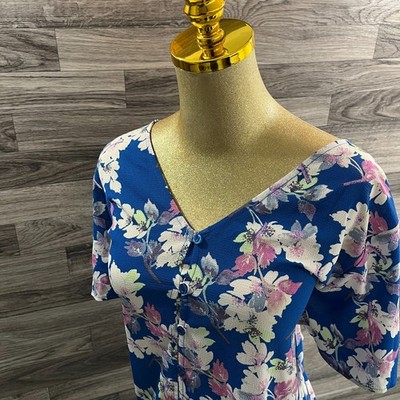 LULAROE V-Neck Button Down Stretch Blue Floral Top Blouse Women's Size 2XL