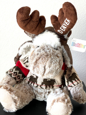DolliBu Plush Moose Stuffed Animal Soft Huggable with Sweater and Hat Denver