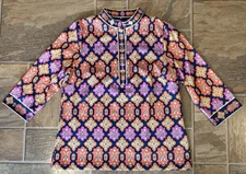 Gretchen Scott Designs Geometric Mandarin Haveli Top Size Medium Navy NWT
