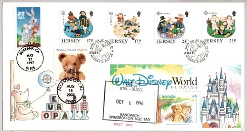 WALT DISNEY #3137 BUGS BUNNY #3655 TEDDY BEAR NAKANO PERFINS, CANADA, JERSEY FDC