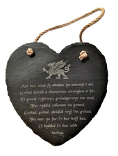 Engraved Welsh National Anthem Slate Heart Hanging Plaque Stone Sign Wales Gift