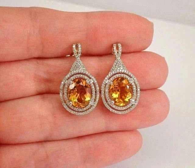 Pendientes colgantes/gotas de citrino de corte ovalado de 3,50 quilates enchapados en oro amarillo de 14 quilates Foto 4 de 4