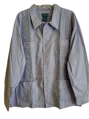 NEW TropiCool Guaybera Mens Cuban Embroidered LS 4 Pocket Shirt Lt. Blue Sz Lg