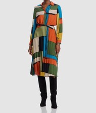 T Tahari Women's Orange Printed Pleated Collared Belted A-Line Dress Size 10