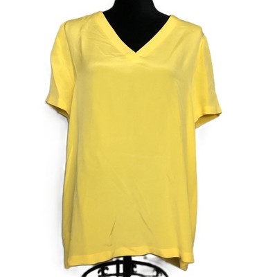 Carlisle Collection 100% Silk Banded V Neck Top Size 12 Yellow Short Sleeve