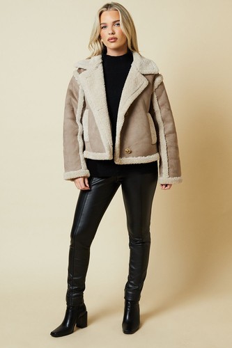 Dorothy Perkins Damen Jacke Cropped Aviator Taupe Ganzjahres Stylisch - Bild 2 von 5