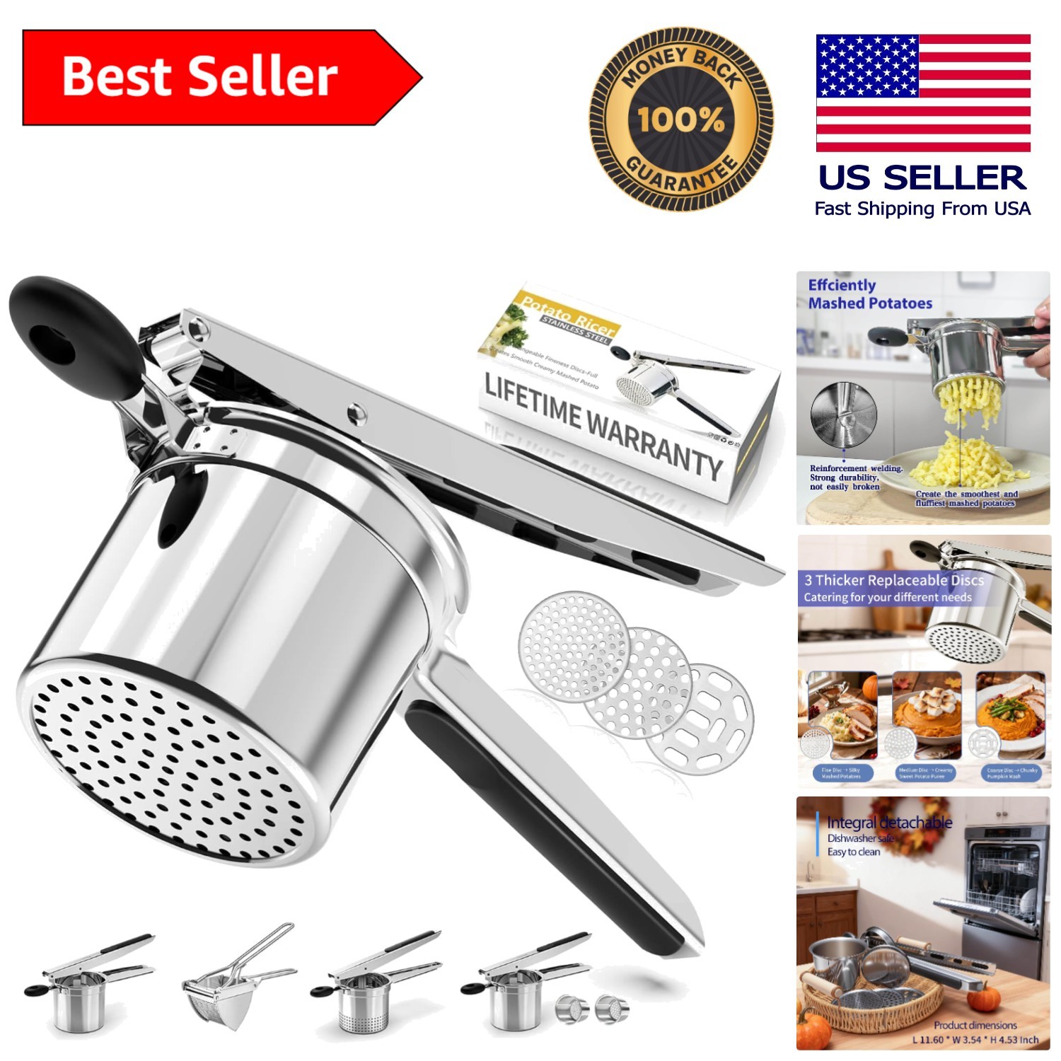 Stainless Steel Potato Ricer With 3 Discs - Make Fluffy Mashed Potatoes & Spaetzle