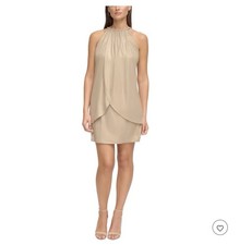 Women's Beige Solid Halter Neck Sleeveless Short Dress with Keyhole Back