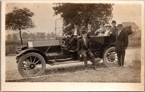 Family in Touring Car Real Photo Postcard Early Automobile Group Portrait RPPC