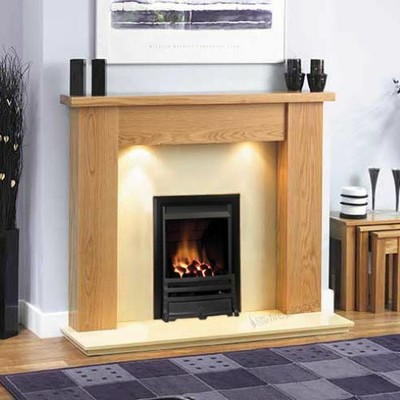 Gas Oak Surround Wall Cream Marble Stone Black Fire Fireplace