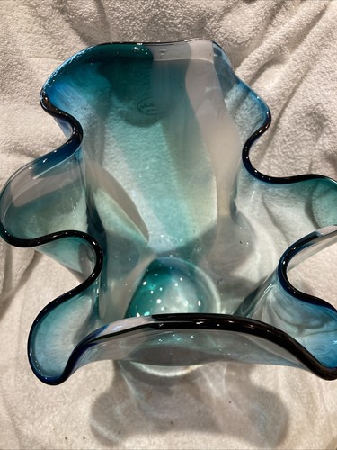 Royal Gallery Poland Teal Vase Handkerchief Ruffle Hand Blown Glass Lg Vase 12" - Picture 13 of 24