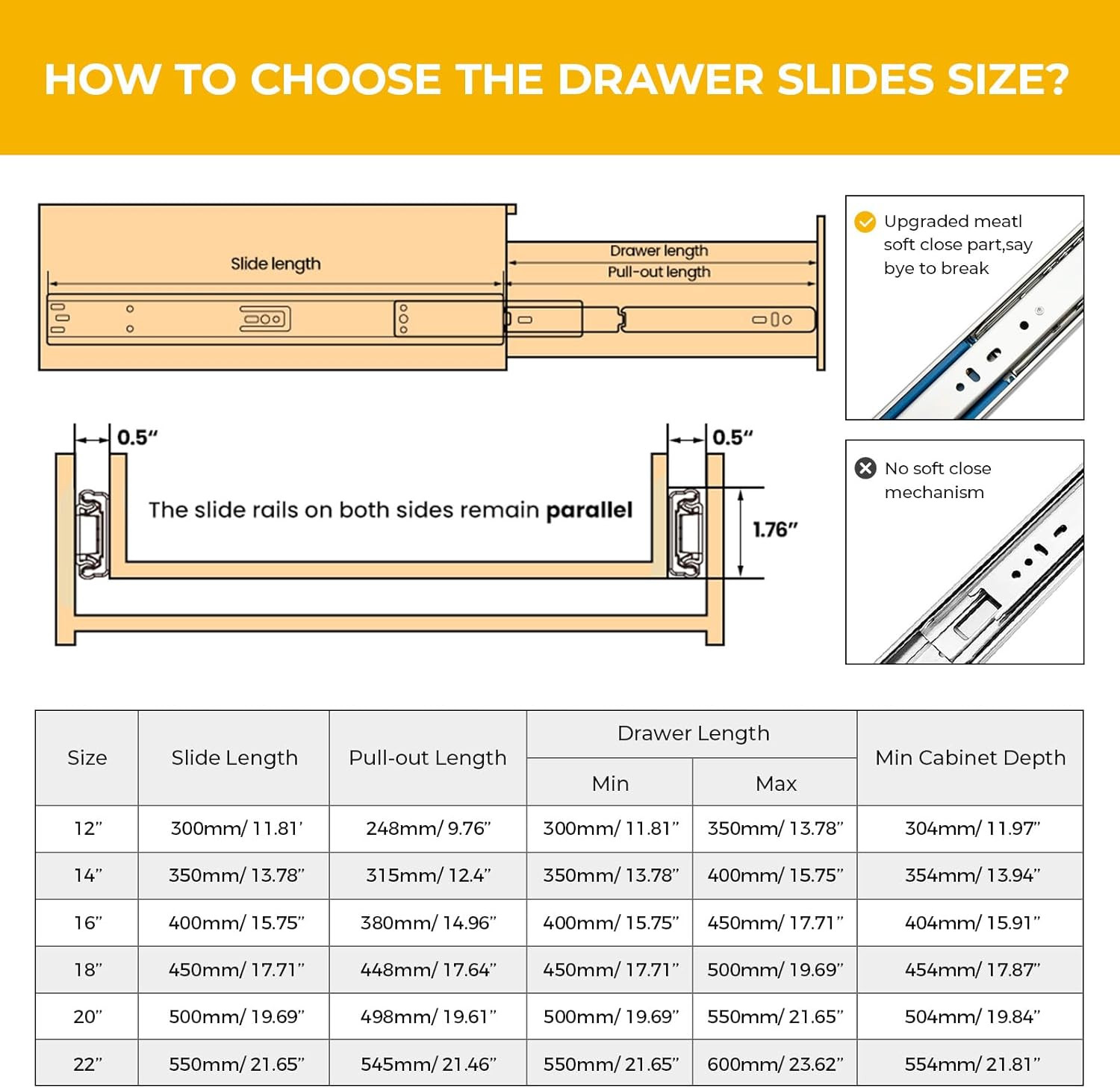 10 Pairs 22" Soft Close Drawer Slides - Heavy Duty, 100 LB Capacity