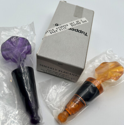 Tupperware Sheerly Elegant Bottle Wine Stoppers Set of 2 Purple Yellow NEW