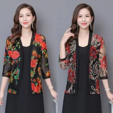 Women Flower Printing Cardigan Hollow Mesh Cropped Top 3/4 Sleeve Sun Shirt