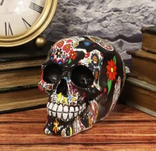 Ebros Day Of The Dead Black Sugar Skull With Floral Tattoo Cranium Skull Statue