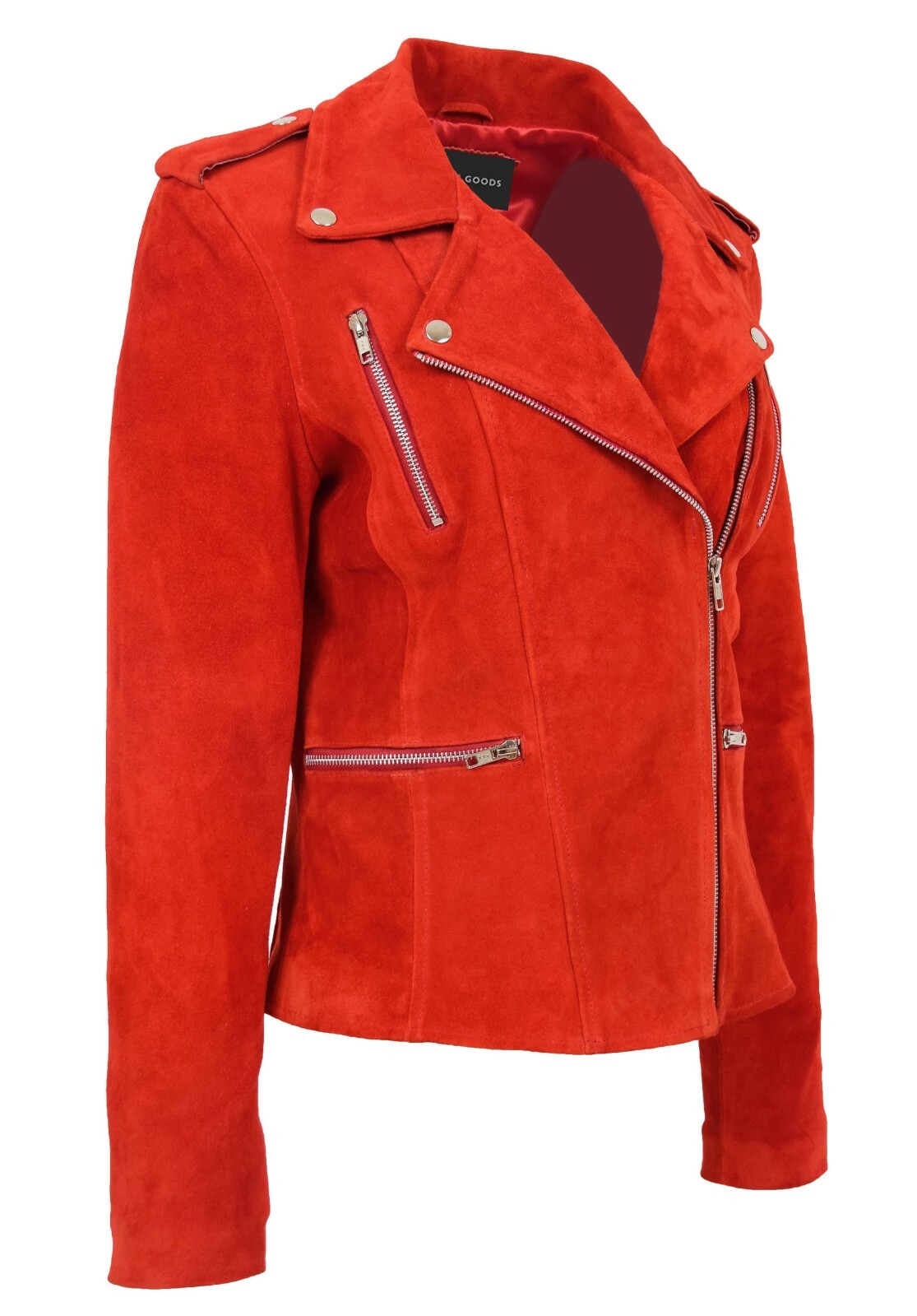 Womens Genuine RED Suede Biker Jacket Girls Trendy Fitted Designer Leather Coat image 8