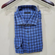 Saks Fifth Avenue Mens Linen Blend Button Down Shirt XXL Blue Plaid Classic Fit