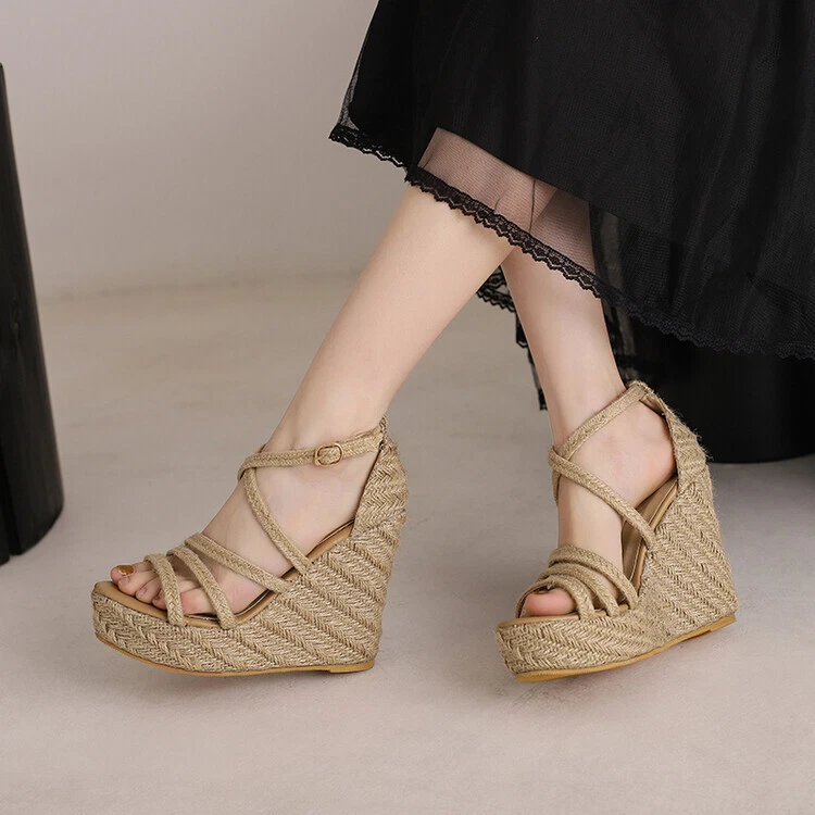 Summer Espadrille Platform Roman Sandals Womens Wedge Heel Buckle Strap Shoes Sz - Image 3 of 4
