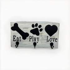 Dog 3 Hook Wall Plaque Leash Keys Handmade Painted Wood Sign Eat Play Love