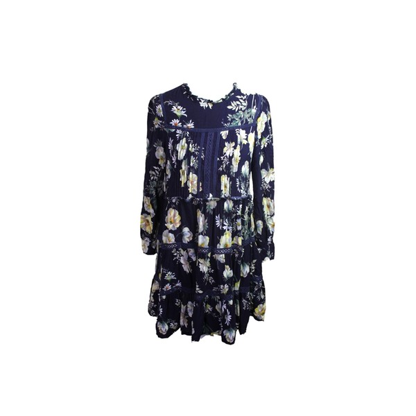 Jaase A-Line Dress Sz S Blue Floral Pattern Long Sleeves Rayon Lace Trim Casual