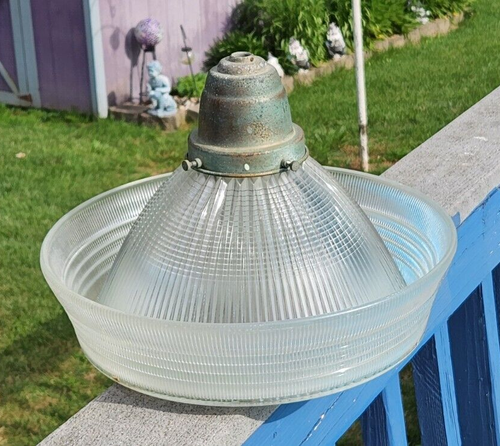 Antique Vintage Glass Genuine Holophane Prismatic Sailor Hat Shaped Light Shade
