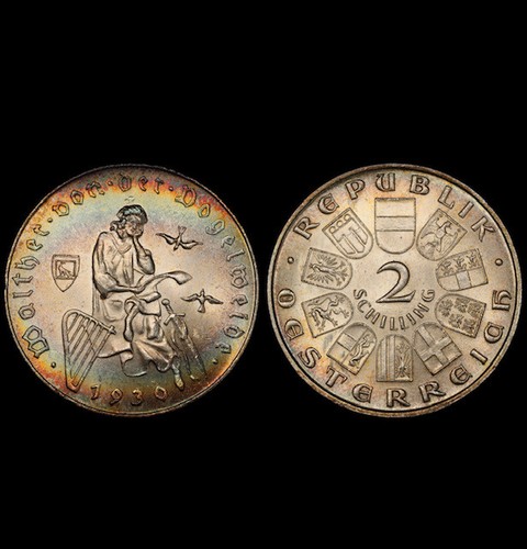 MS65 1930 Österreich Vogelweide silber 2 Schilling, PCGS sicher - Regenbogen getönt