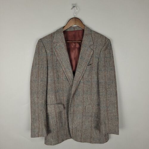 Vintage Tweed Sport Coat Mens 40L Brown Wool Striped Herringbone Jacket Preppy