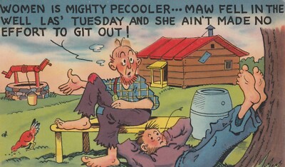 Vintage Postcard Humor Comic  Two man chatting Maw fell in the well las' Tuesday