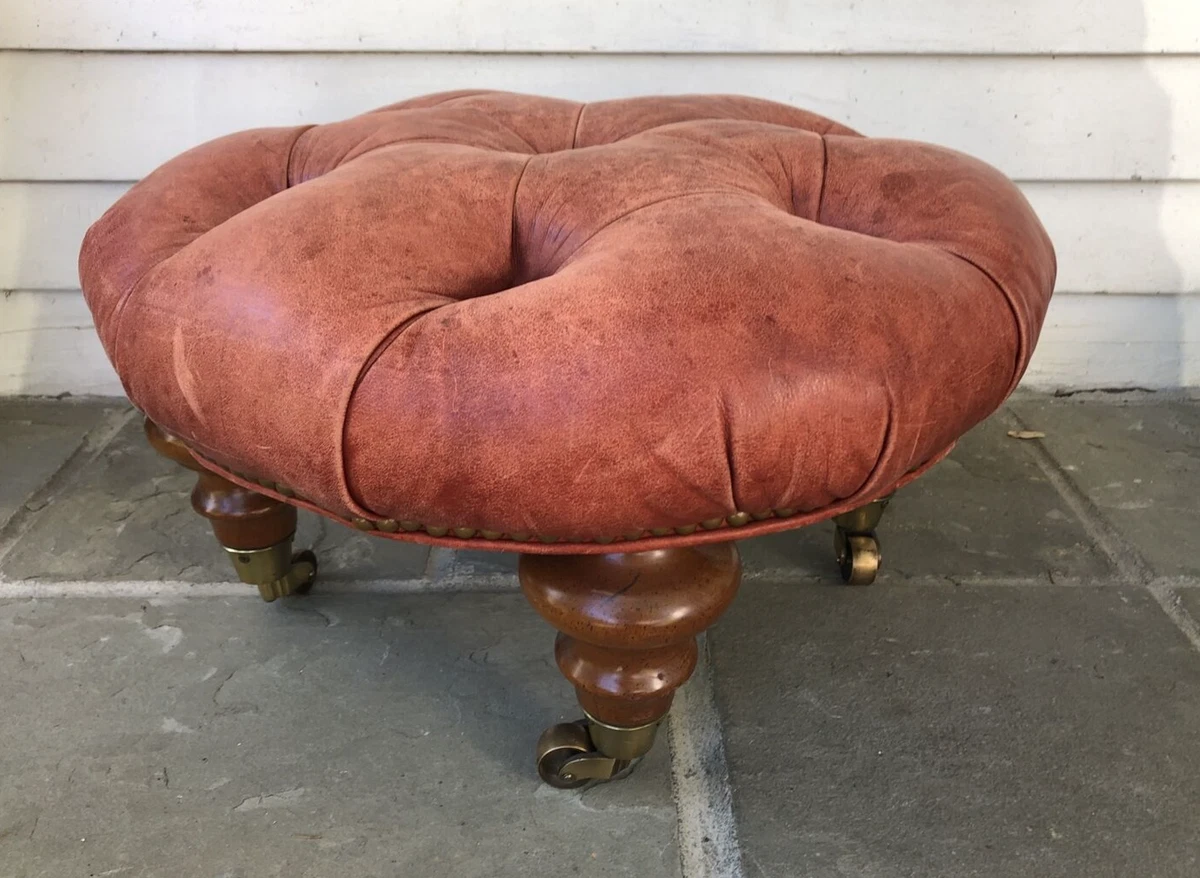 RED LEATHER UPHOLSTERED NAILHEAD TUFTED 20 DIA. FOOT STOOL