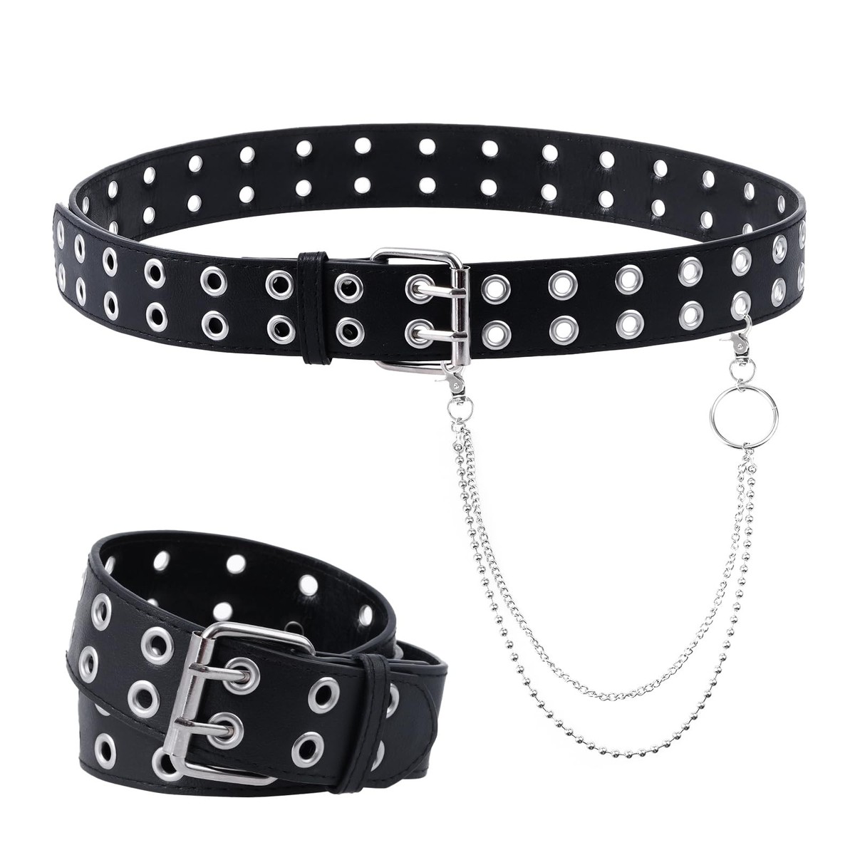 Double Grommet Leather Belt with Detachable Chain for Women  display picture 2