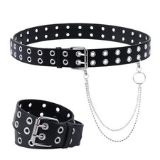 Double Grommet Leather Belt with Detachable Chain for Women Men, Punk Rock Me...