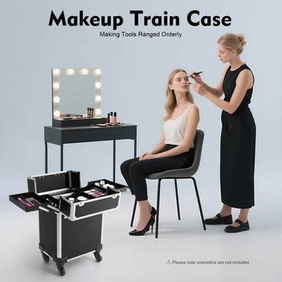Rolling Makeup Train Case Trolley Aluminum Cosmetic Case Storage Organizer Black