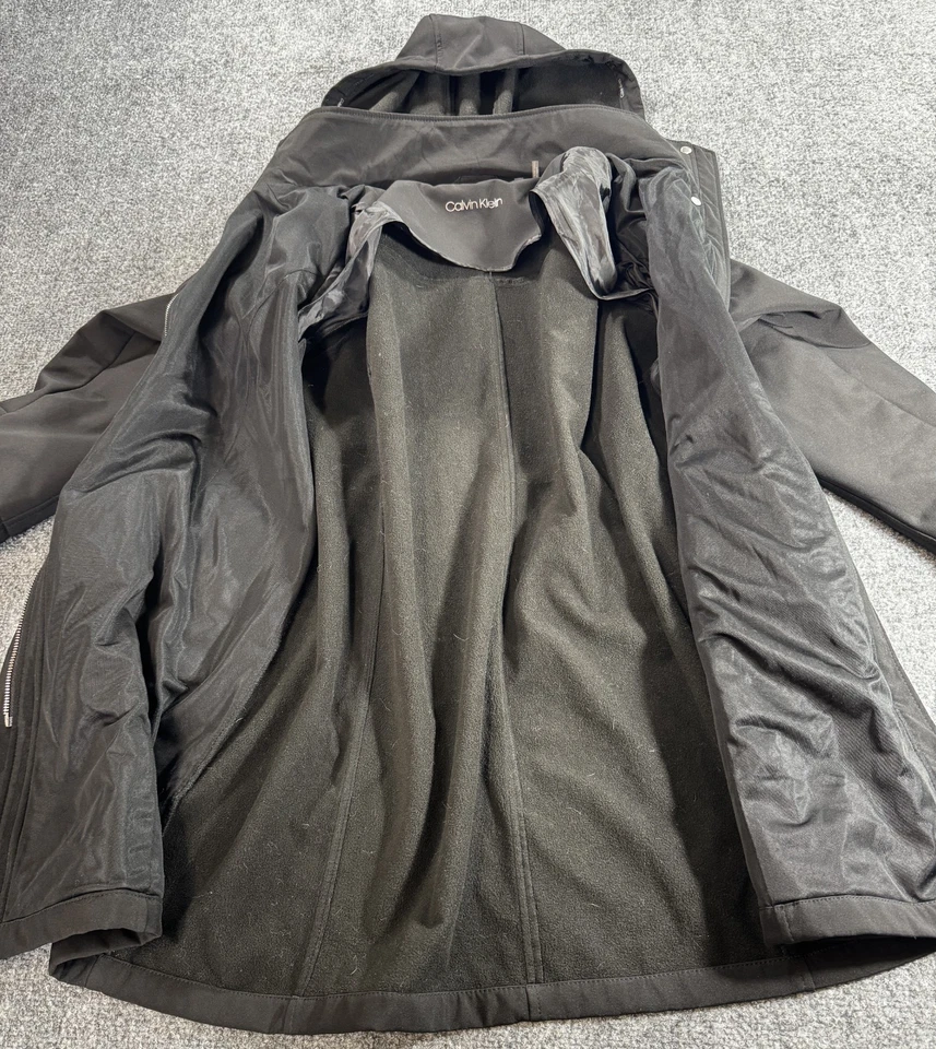 Abrigo largo Calvin Klein para mujer talla 1 XLarge negro cremallera completa bolsillos con capucha Foto 3 de 4